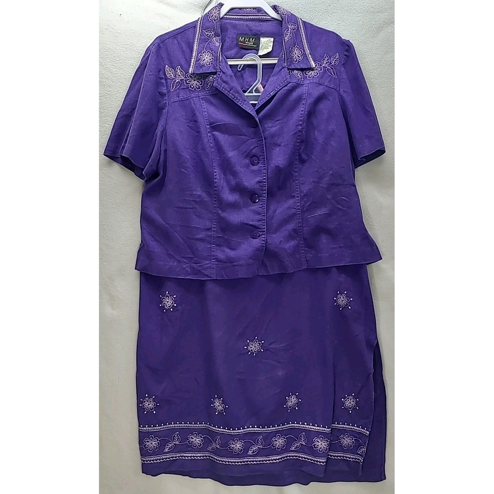 MHM Woman Vintage Womens 2pc Linen Blend Skirt and Button‎ up Blouse Embroibered